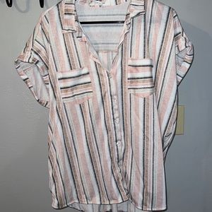 Striped button up tee with pockets
